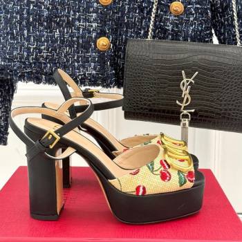 Valentino VLogo Signature Cherryfic Platform Sandals 11cm in Jacquard Synthetic Raffia Black 2025 (MD-250428045)