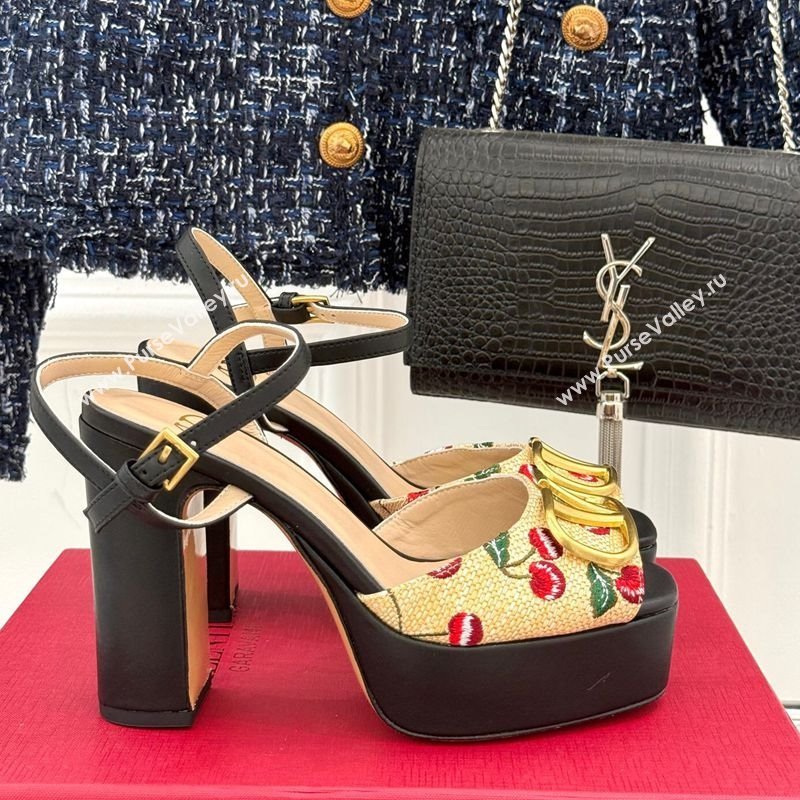 Valentino VLogo Signature Cherryfic Platform Sandals 11cm in Jacquard Synthetic Raffia Black 2025 (MD-250428045)