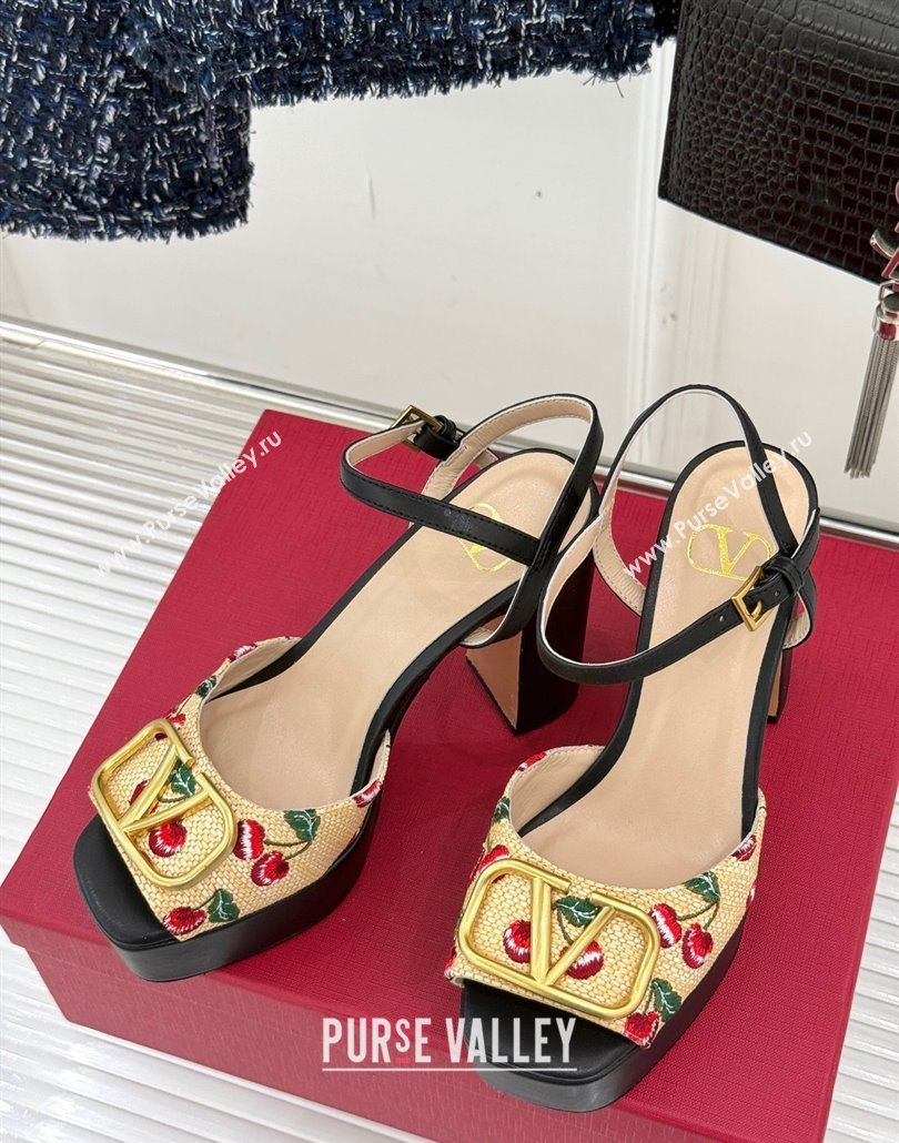Valentino VLogo Signature Cherryfic Platform Sandals 11cm in Jacquard Synthetic Raffia Black 2025 (MD-250428045)