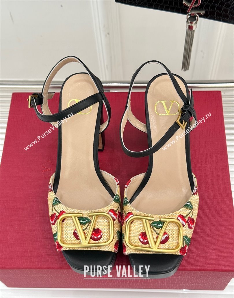 Valentino VLogo Signature Cherryfic Platform Sandals 11cm in Jacquard Synthetic Raffia Black 2025 (MD-250428045)