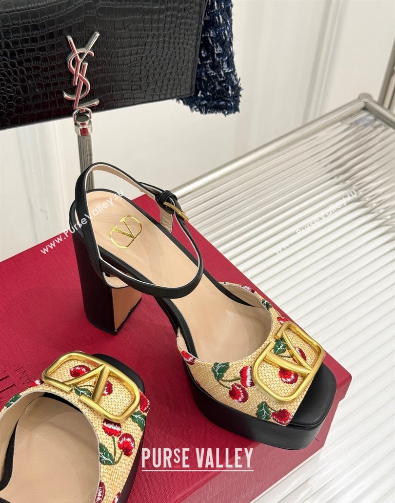 Valentino VLogo Signature Cherryfic Platform Sandals 11cm in Jacquard Synthetic Raffia Black 2025 (MD-250428045)