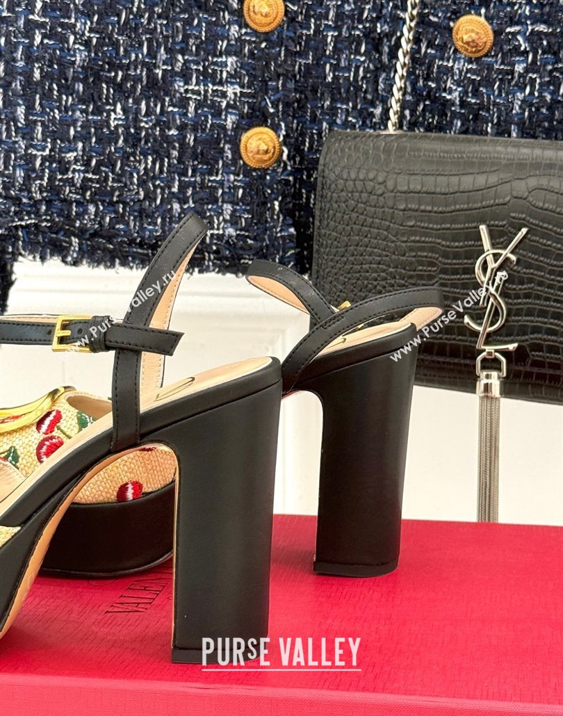 Valentino VLogo Signature Cherryfic Platform Sandals 11cm in Jacquard Synthetic Raffia Black 2025 (MD-250428045)