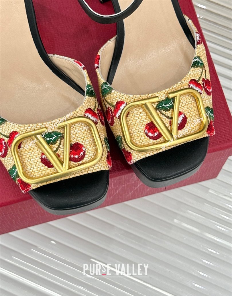 Valentino VLogo Signature Cherryfic Platform Sandals 11cm in Jacquard Synthetic Raffia Black 2025 (MD-250428045)