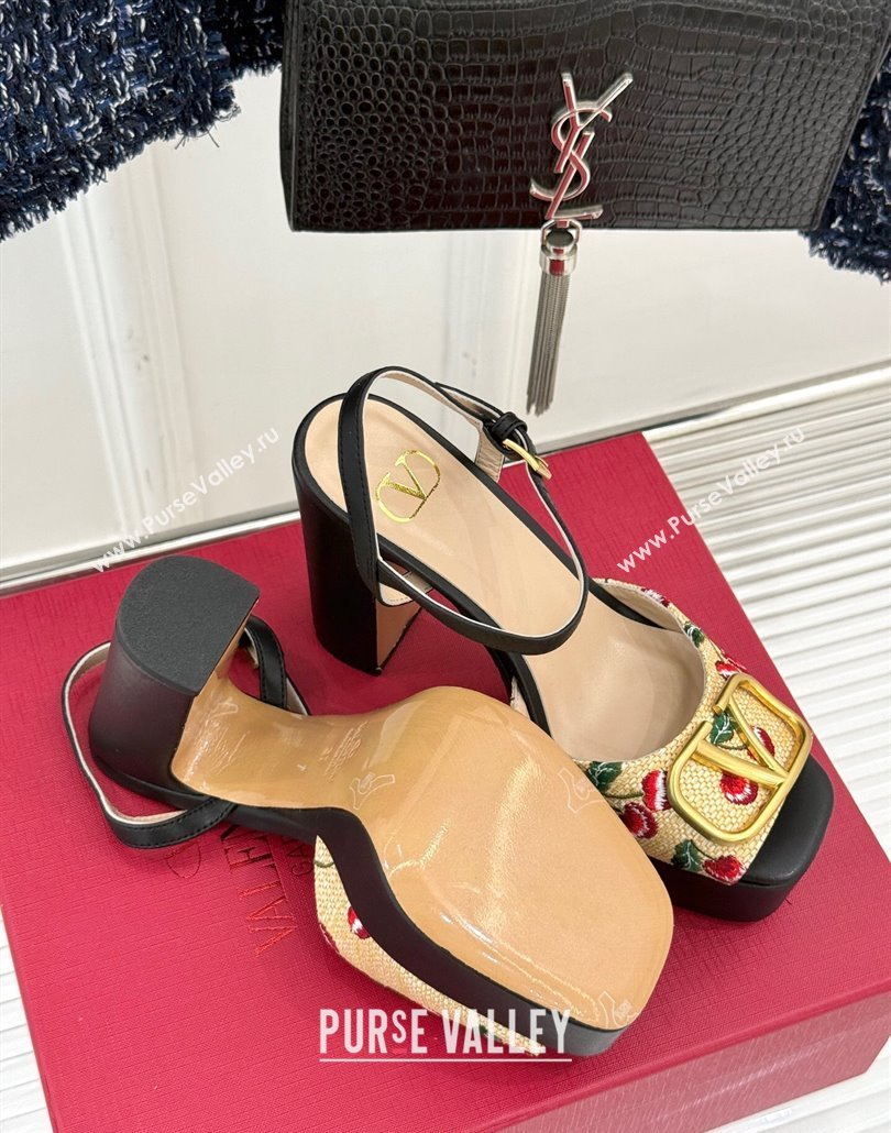 Valentino VLogo Signature Cherryfic Platform Sandals 11cm in Jacquard Synthetic Raffia Black 2025 (MD-250428045)