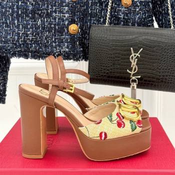 Valentino VLogo Signature Cherryfic Platform Sandals 11cm in Jacquard Synthetic Raffia Brown 2025 (MD-250428046)