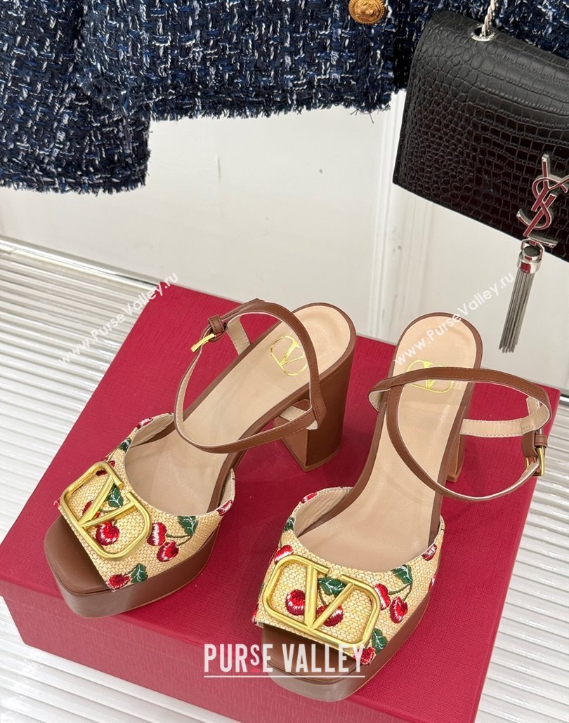 Valentino VLogo Signature Cherryfic Platform Sandals 11cm in Jacquard Synthetic Raffia Brown 2025 (MD-250428046)