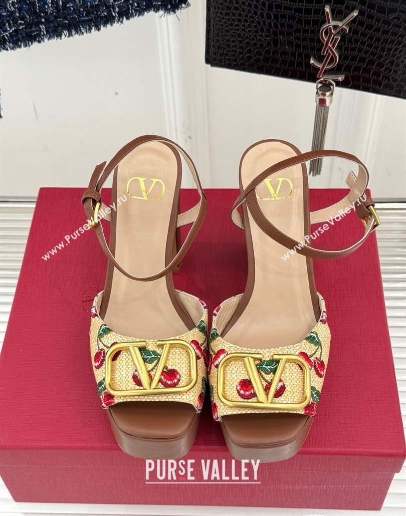 Valentino VLogo Signature Cherryfic Platform Sandals 11cm in Jacquard Synthetic Raffia Brown 2025 (MD-250428046)
