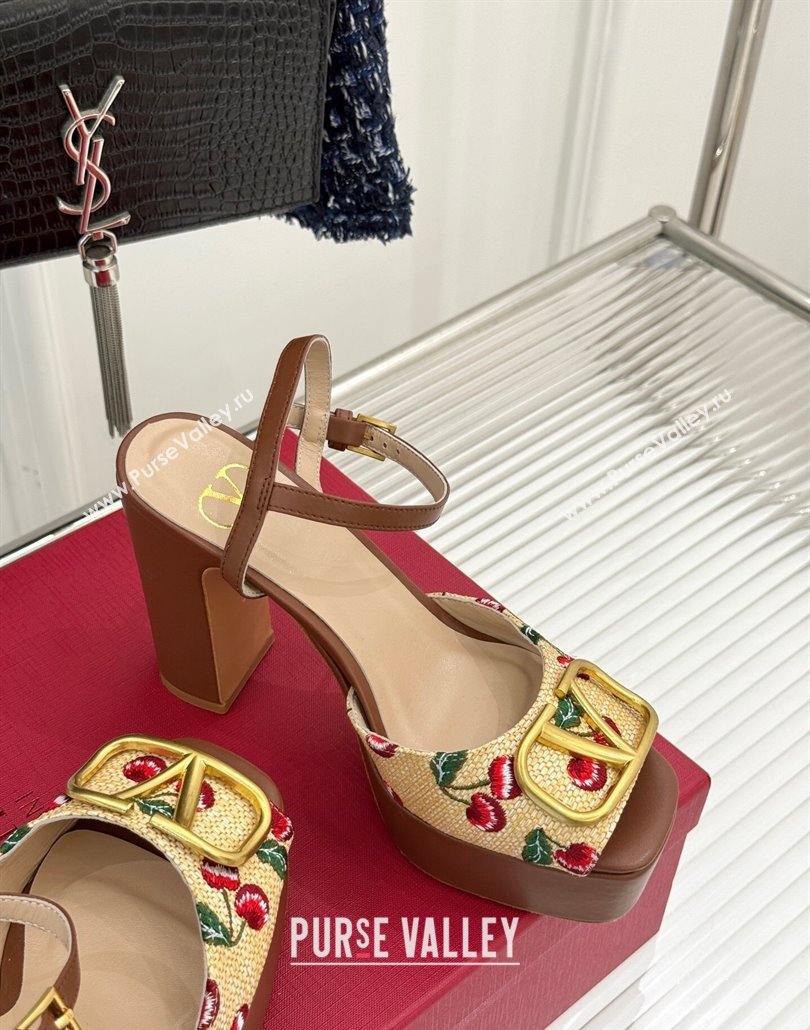 Valentino VLogo Signature Cherryfic Platform Sandals 11cm in Jacquard Synthetic Raffia Brown 2025 (MD-250428046)