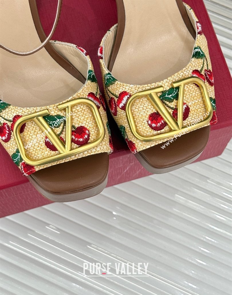 Valentino VLogo Signature Cherryfic Platform Sandals 11cm in Jacquard Synthetic Raffia Brown 2025 (MD-250428046)