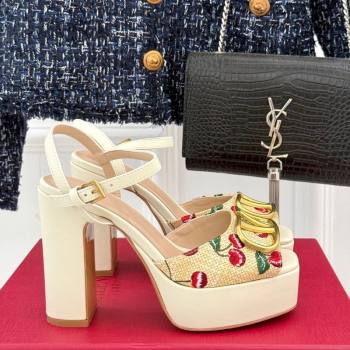 Valentino VLogo Signature Cherryfic Platform Sandals 11cm in Jacquard Synthetic Raffia White 2025 (MD-250428047)