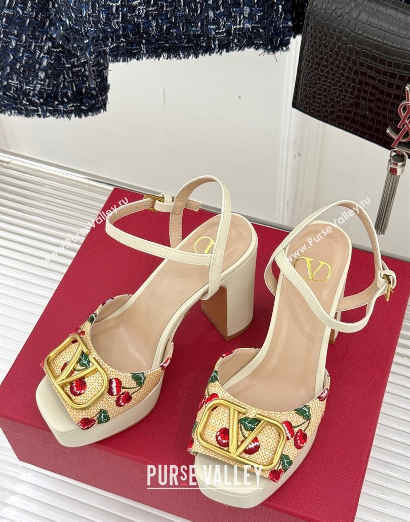 Valentino VLogo Signature Cherryfic Platform Sandals 11cm in Jacquard Synthetic Raffia White 2025 (MD-250428047)