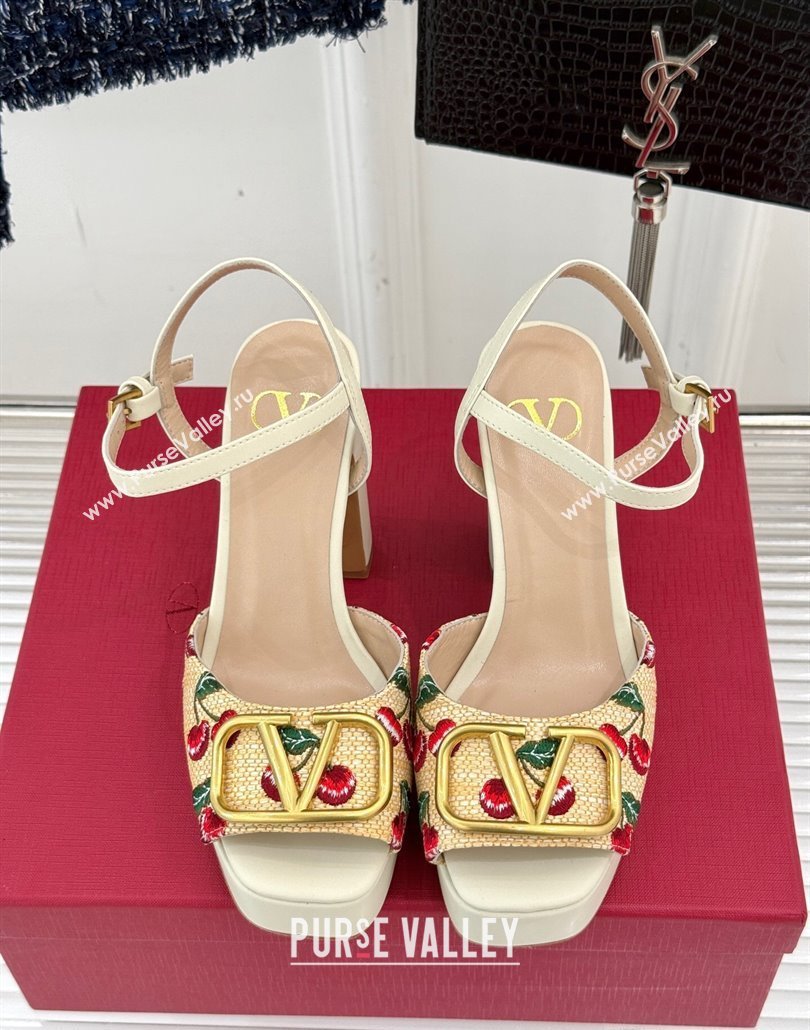 Valentino VLogo Signature Cherryfic Platform Sandals 11cm in Jacquard Synthetic Raffia White 2025 (MD-250428047)