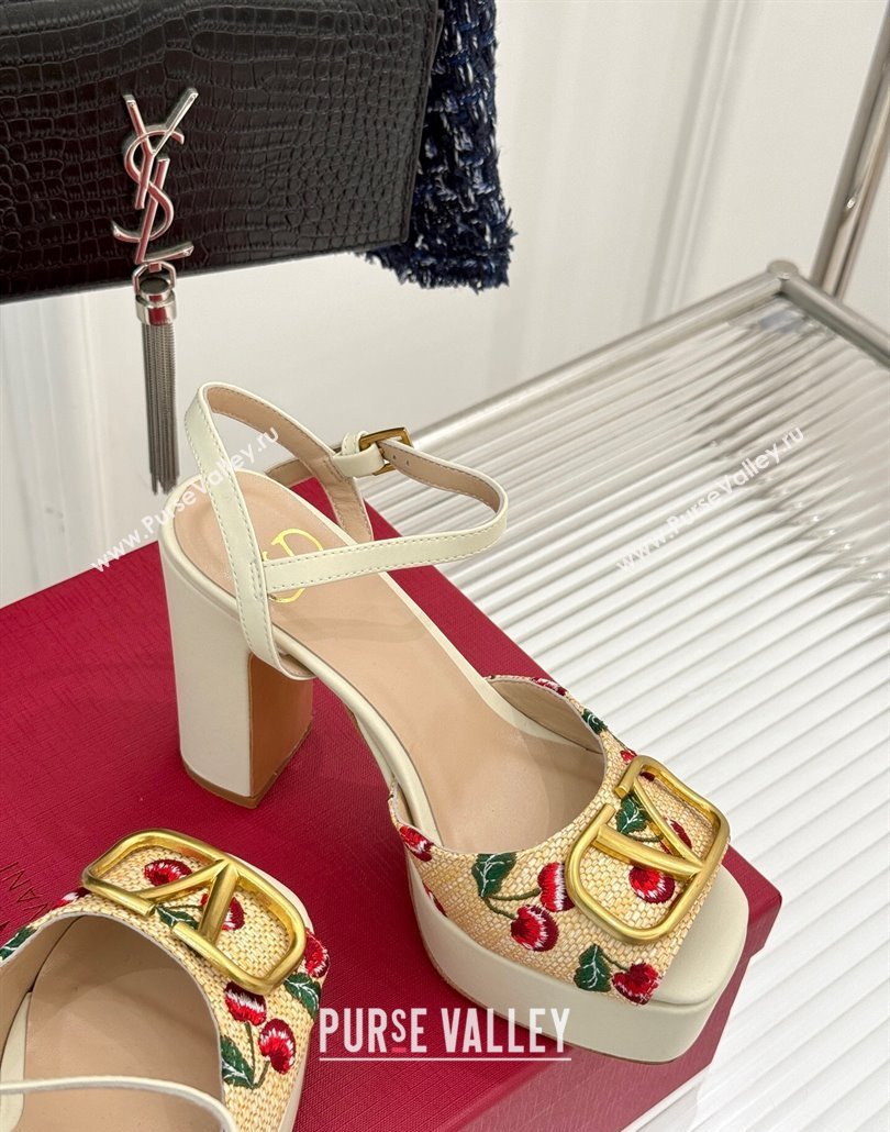 Valentino VLogo Signature Cherryfic Platform Sandals 11cm in Jacquard Synthetic Raffia White 2025 (MD-250428047)