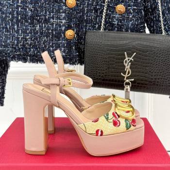 Valentino VLogo Signature Cherryfic Platform Sandals 11cm in Jacquard Synthetic Raffia Light Pink 2025 (MD-250428048)