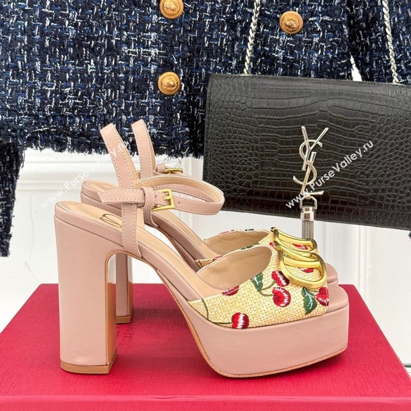 Valentino VLogo Signature Cherryfic Platform Sandals 11cm in Jacquard Synthetic Raffia Light Pink 2025 (MD-250428048)
