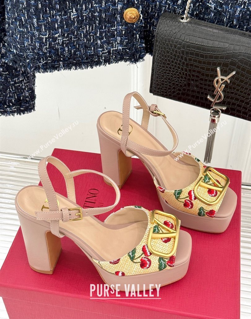 Valentino VLogo Signature Cherryfic Platform Sandals 11cm in Jacquard Synthetic Raffia Light Pink 2025 (MD-250428048)