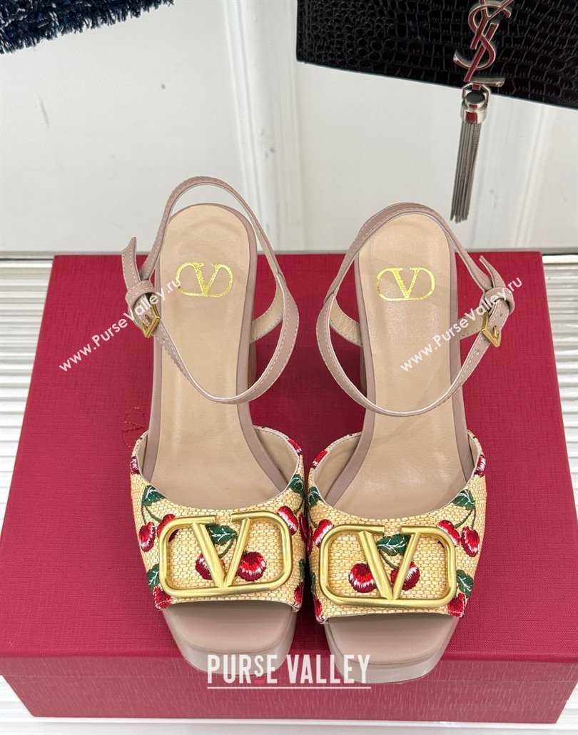 Valentino VLogo Signature Cherryfic Platform Sandals 11cm in Jacquard Synthetic Raffia Light Pink 2025 (MD-250428048)
