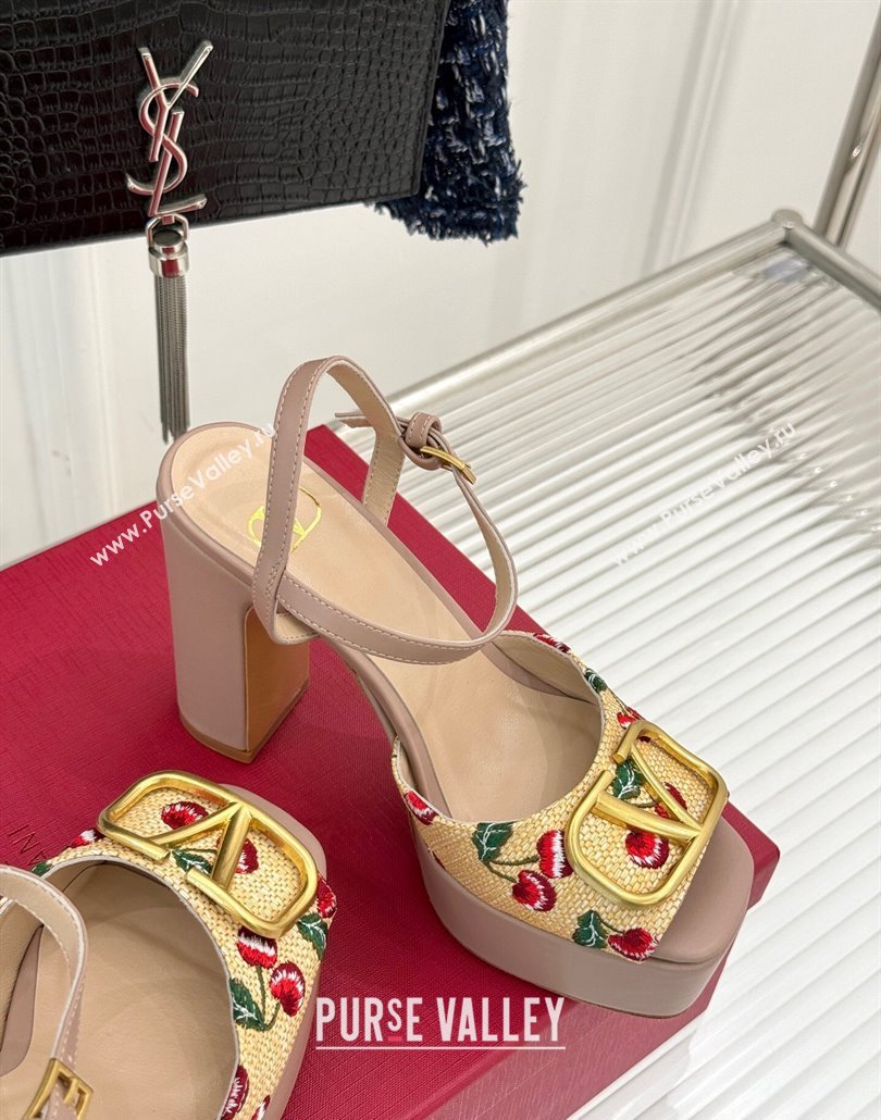 Valentino VLogo Signature Cherryfic Platform Sandals 11cm in Jacquard Synthetic Raffia Light Pink 2025 (MD-250428048)