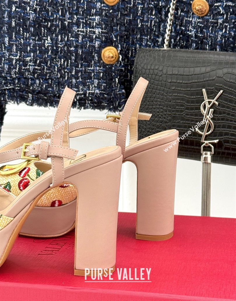 Valentino VLogo Signature Cherryfic Platform Sandals 11cm in Jacquard Synthetic Raffia Light Pink 2025 (MD-250428048)