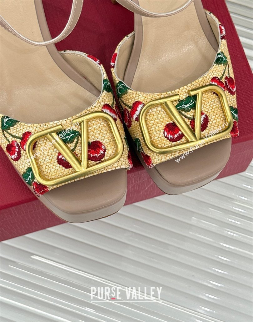 Valentino VLogo Signature Cherryfic Platform Sandals 11cm in Jacquard Synthetic Raffia Light Pink 2025 (MD-250428048)