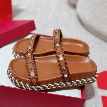 Valentino Rockstud Flat Slides Sandal in Calfskin and Cord Brown Upper 2025 VLTN042801 (MD-250428001)