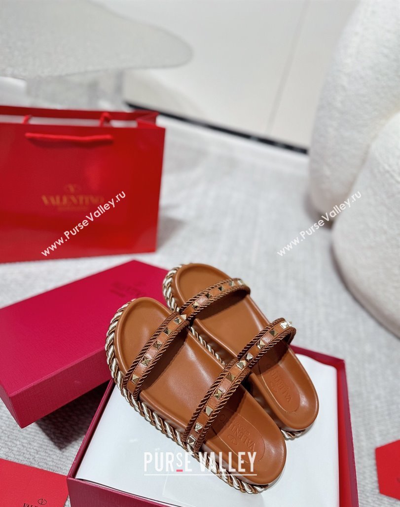 Valentino Rockstud Flat Slides Sandal in Calfskin and Cord Brown Upper 2025 VLTN042801 (MD-250428001)