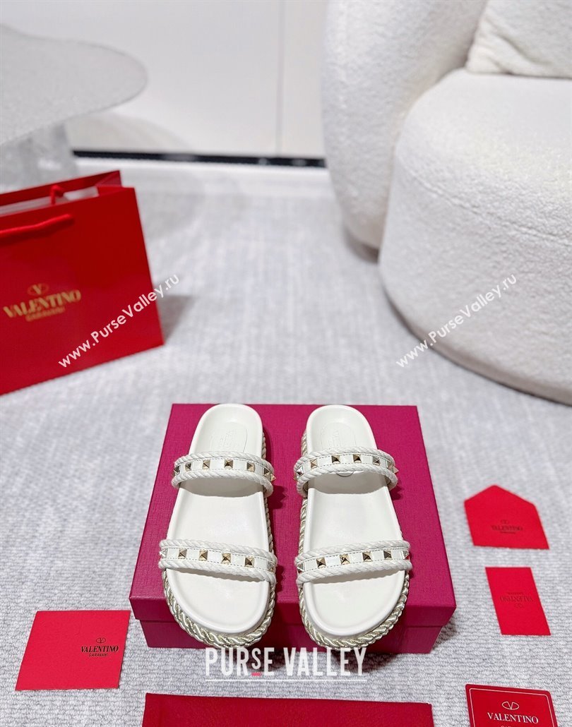 Valentino Rockstud Flat Slides Sandal in Calfskin and Cord White 2025 VLTN042801 (MD-250428002)