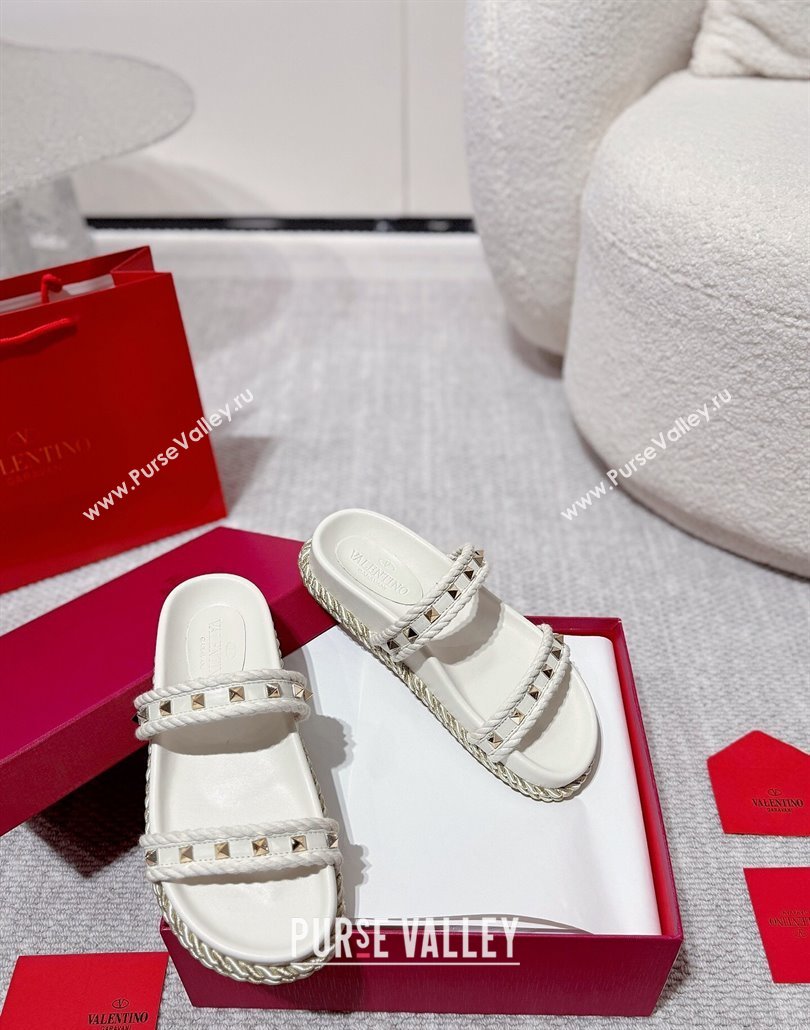 Valentino Rockstud Flat Slides Sandal in Calfskin and Cord White 2025 VLTN042801 (MD-250428002)