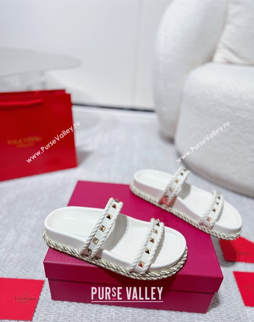 Valentino Rockstud Flat Slides Sandal in Calfskin and Cord White 2025 VLTN042801 (MD-250428002)