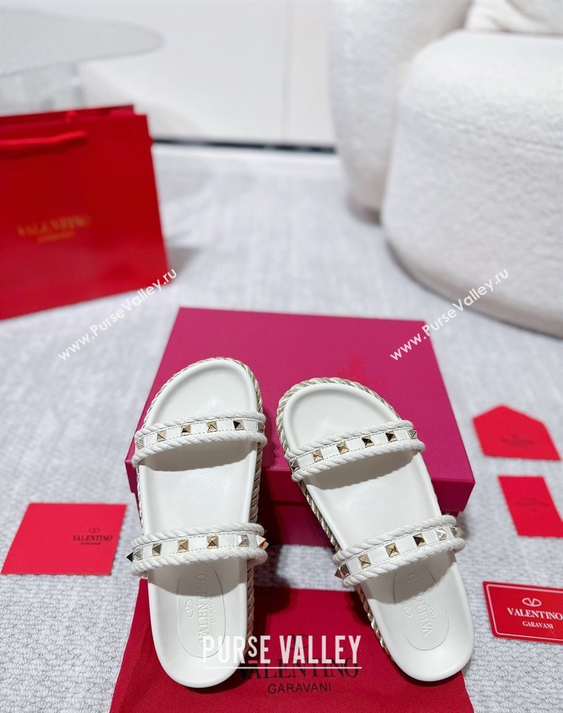 Valentino Rockstud Flat Slides Sandal in Calfskin and Cord White 2025 VLTN042801 (MD-250428002)