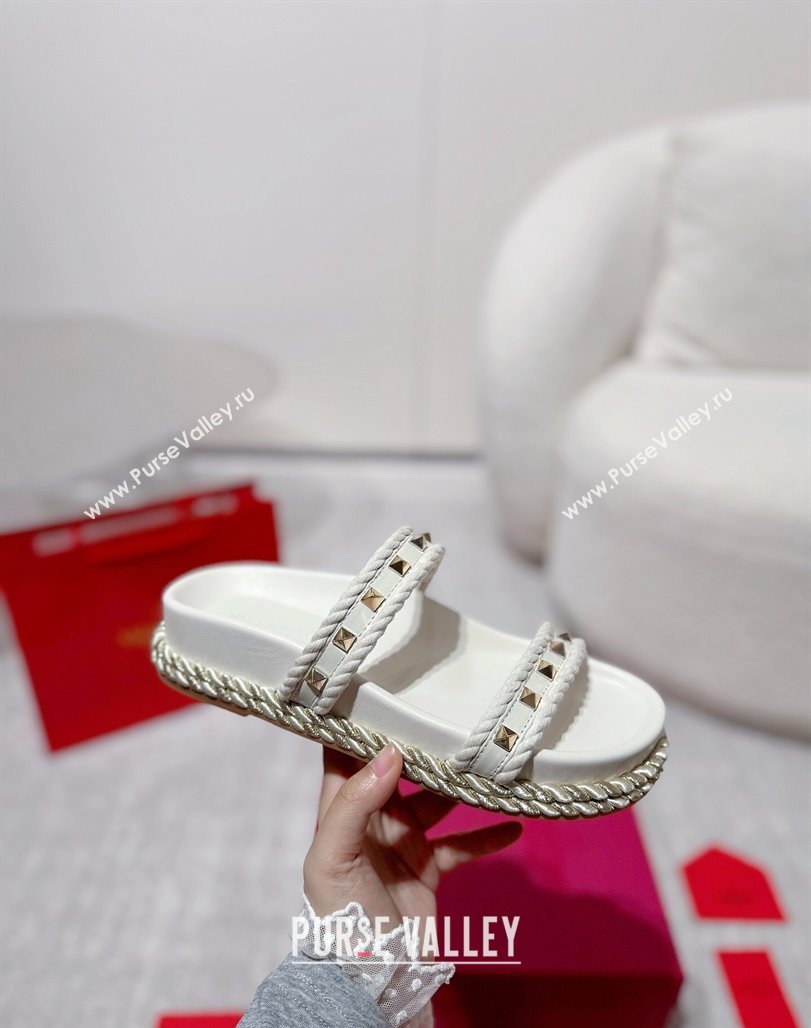 Valentino Rockstud Flat Slides Sandal in Calfskin and Cord White 2025 VLTN042801 (MD-250428002)