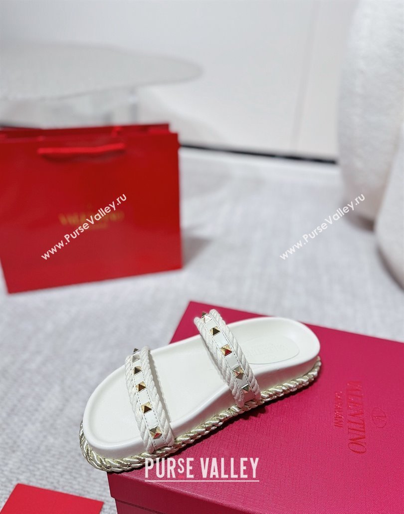 Valentino Rockstud Flat Slides Sandal in Calfskin and Cord White 2025 VLTN042801 (MD-250428002)