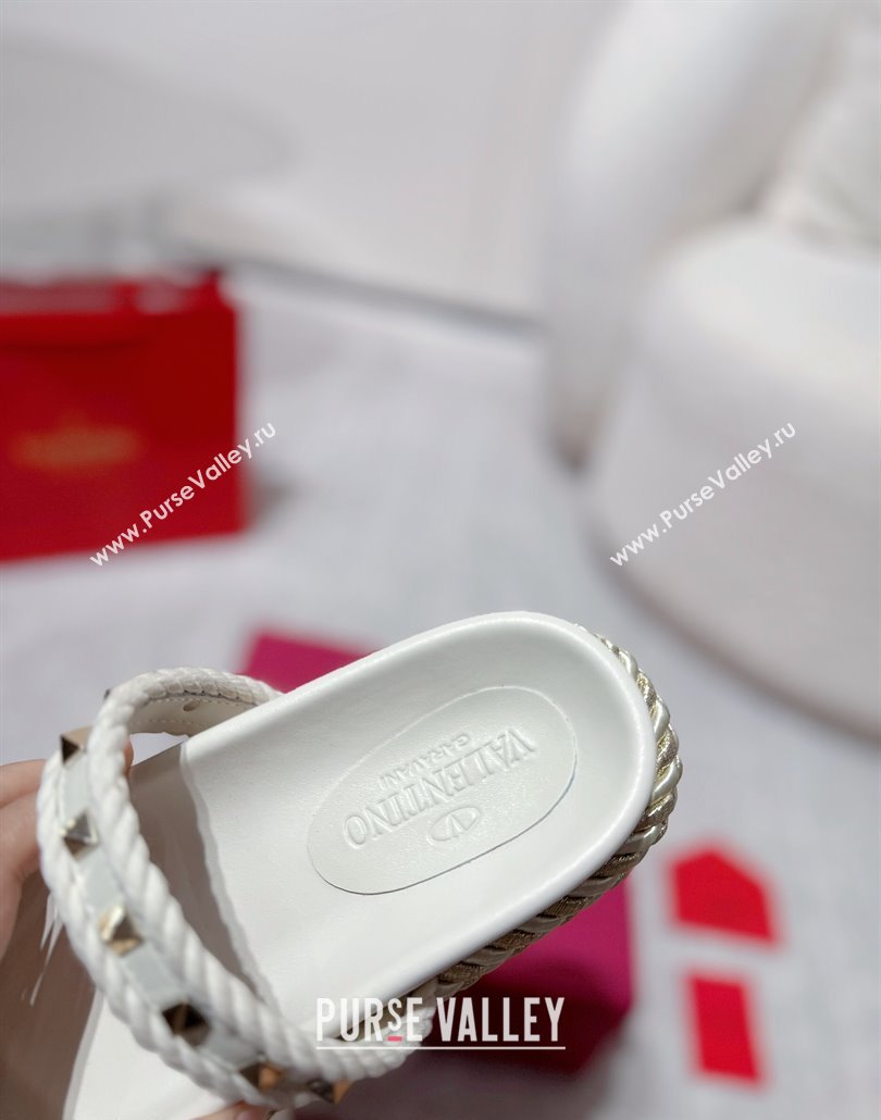 Valentino Rockstud Flat Slides Sandal in Calfskin and Cord White 2025 VLTN042801 (MD-250428002)