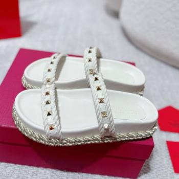 Valentino Rockstud Flat Slides Sandal in Calfskin and Cord White 2025 VLTN042801 (MD-250428002)