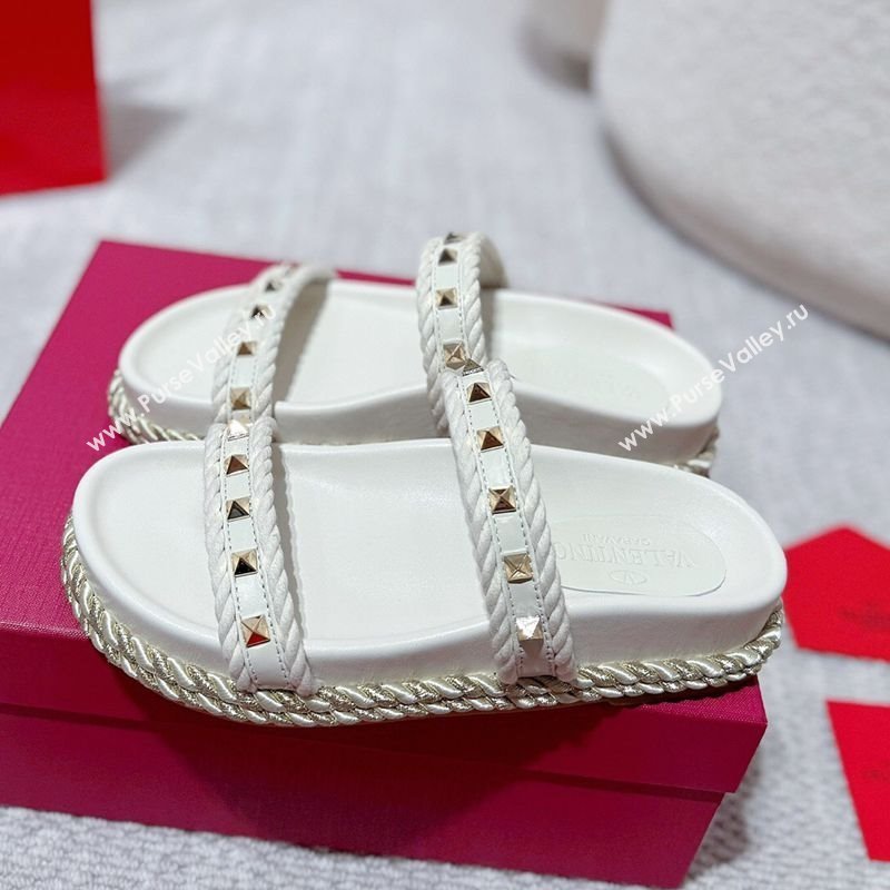 Valentino Rockstud Flat Slides Sandal in Calfskin and Cord White 2025 VLTN042801 (MD-250428002)