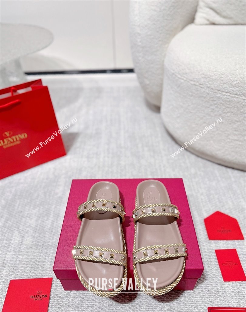 Valentino Rockstud Flat Slides Sandal in Calfskin and Cord Dusty Pink 2025 VLTN042801 (MD-250428003)