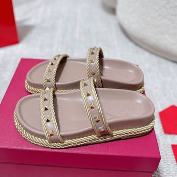 Valentino Rockstud Flat Slides Sandal in Calfskin and Cord Dusty Pink 2025 VLTN042801 (MD-250428003)