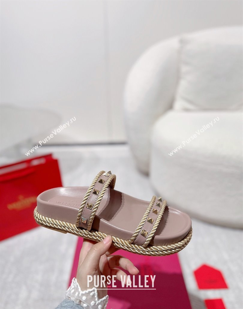 Valentino Rockstud Flat Slides Sandal in Calfskin and Cord Dusty Pink 2025 VLTN042801 (MD-250428003)