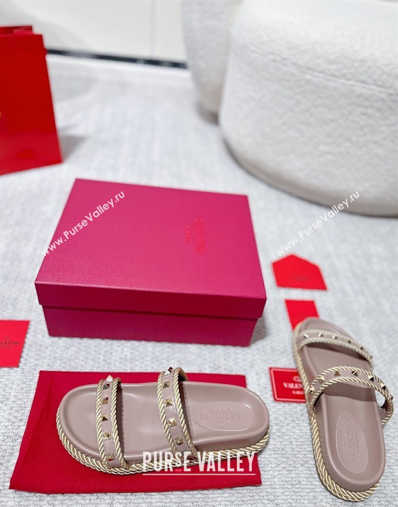 Valentino Rockstud Flat Slides Sandal in Calfskin and Cord Dusty Pink 2025 VLTN042801 (MD-250428003)