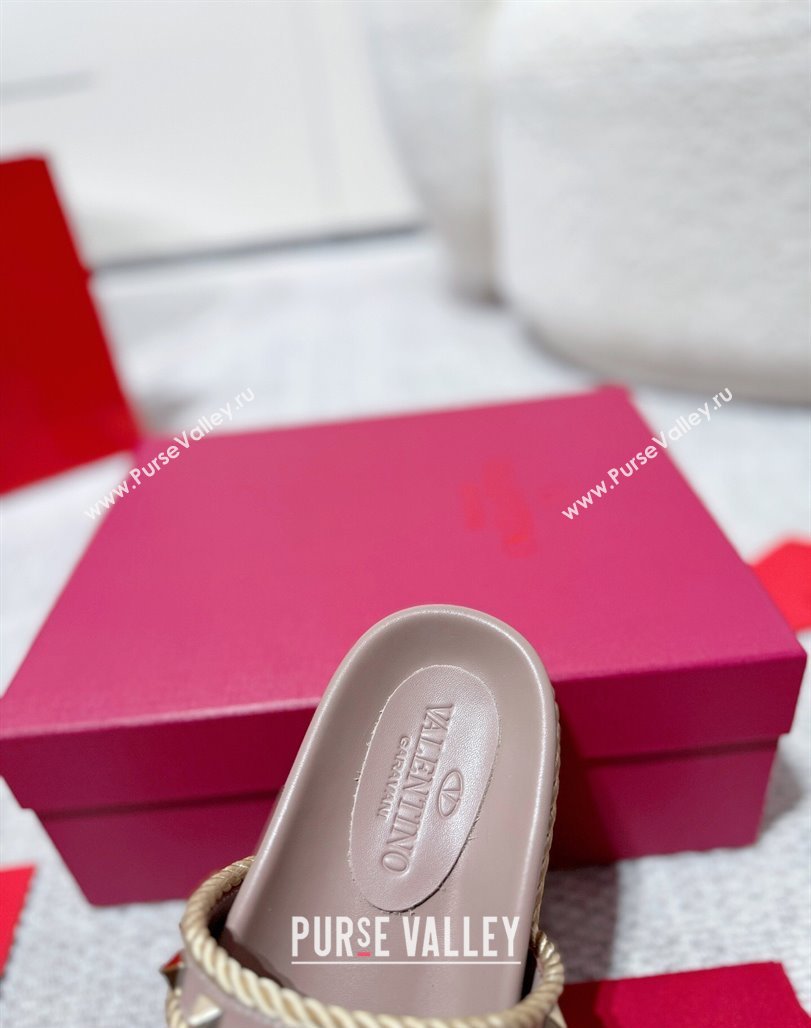 Valentino Rockstud Flat Slides Sandal in Calfskin and Cord Dusty Pink 2025 VLTN042801 (MD-250428003)