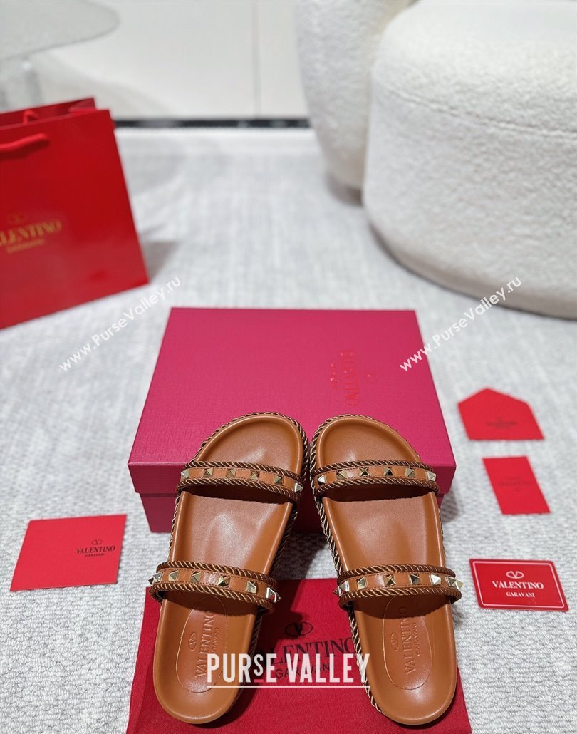 Valentino Rockstud Flat Slides Sandal in Calfskin and Cord Brown2 2025 VLTN042801 (MD-250428004)