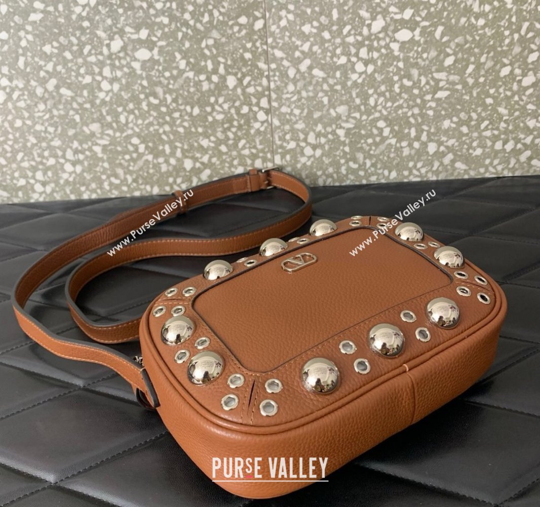 Valentino Nellcôte Crossbody Bag in Grainy Calfskin with Ball Studs Brown 2025 6207 (LKF-250520071)