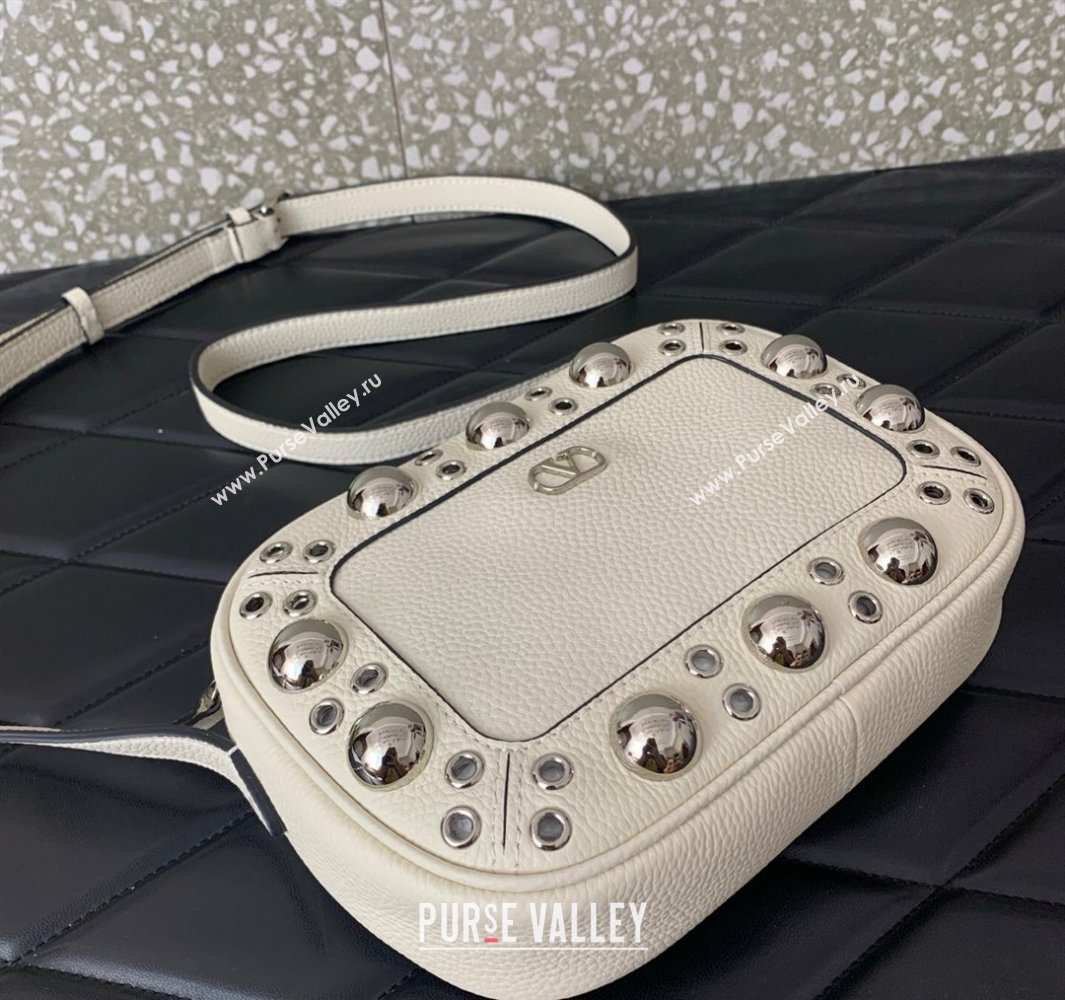 Valentino Nellcôte Crossbody Bag in Grainy Calfskin with Ball Studs White 2025 6207 (LKF-250520073)