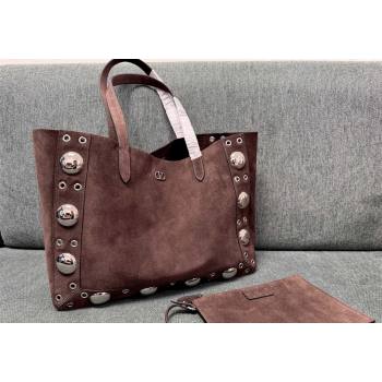 Valentino Medium Nellcôte Shopping Bag in Suede with Ball Studs Coffee Brown 2025 3177 (JD-250520068)