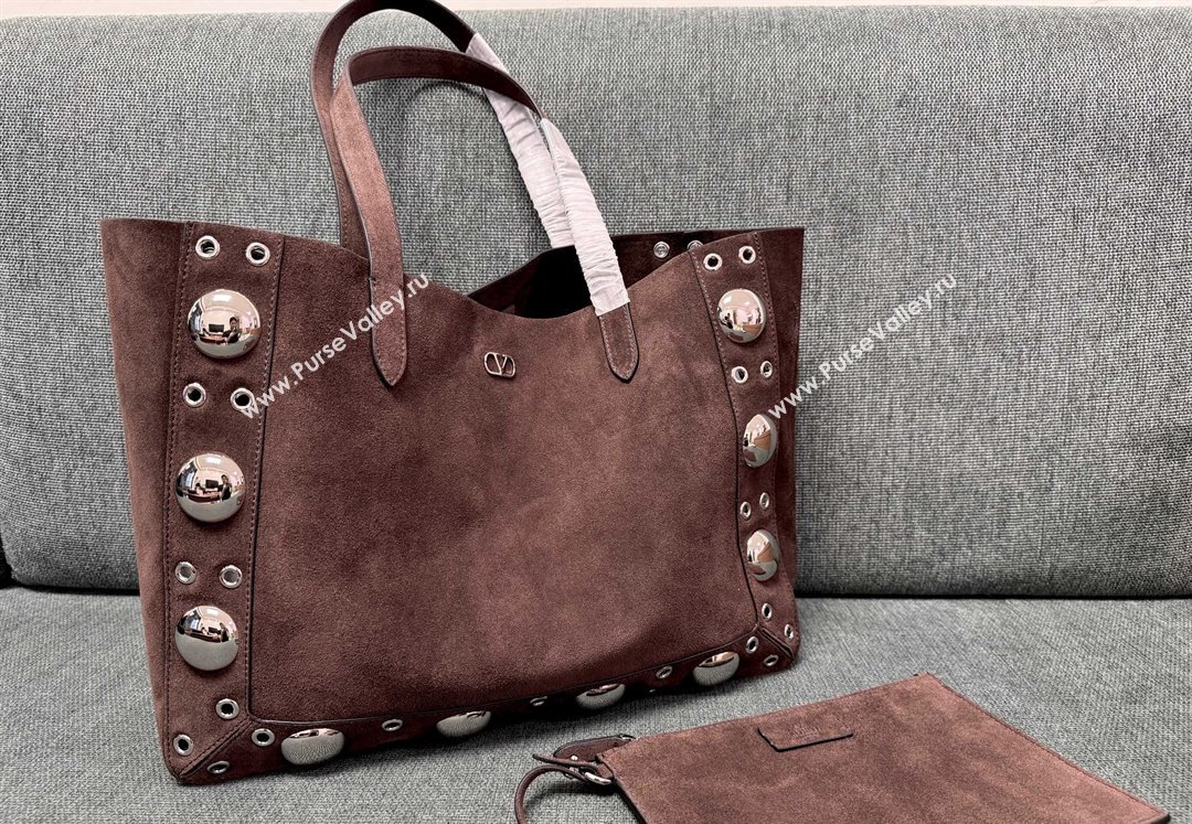 Valentino Medium Nellcôte Shopping Bag in Suede with Ball Studs Coffee Brown 2025 3177 (JD-250520068)