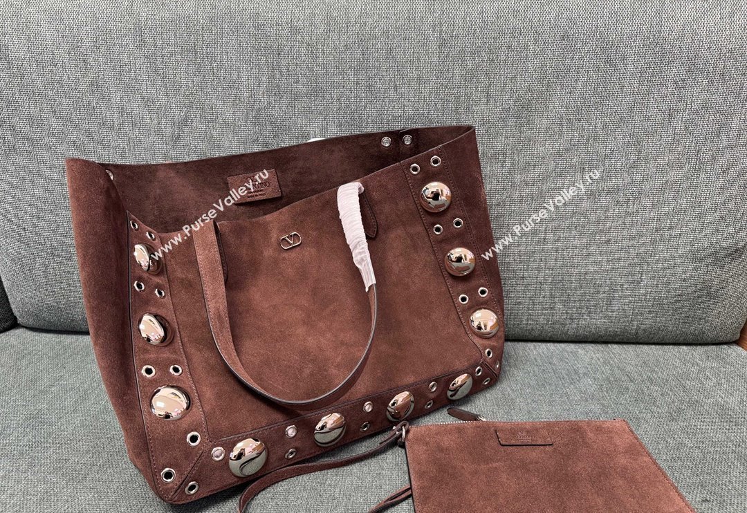 Valentino Medium Nellcôte Shopping Bag in Suede with Ball Studs Coffee Brown 2025 3177 (JD-250520068)