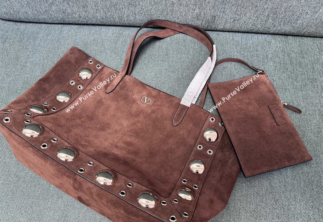 Valentino Medium Nellcôte Shopping Bag in Suede with Ball Studs Coffee Brown 2025 3177 (JD-250520068)