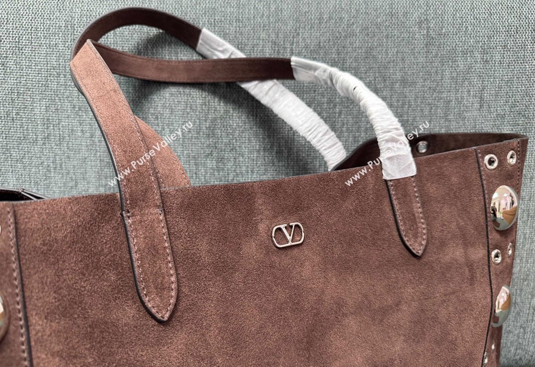 Valentino Medium Nellcôte Shopping Bag in Suede with Ball Studs Coffee Brown 2025 3177 (JD-250520068)
