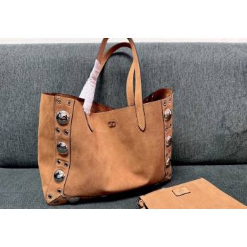 Valentino Medium Nellcôte Shopping Bag in Suede with Ball Studs Light Brown 2025 3177 (JD-250520069)