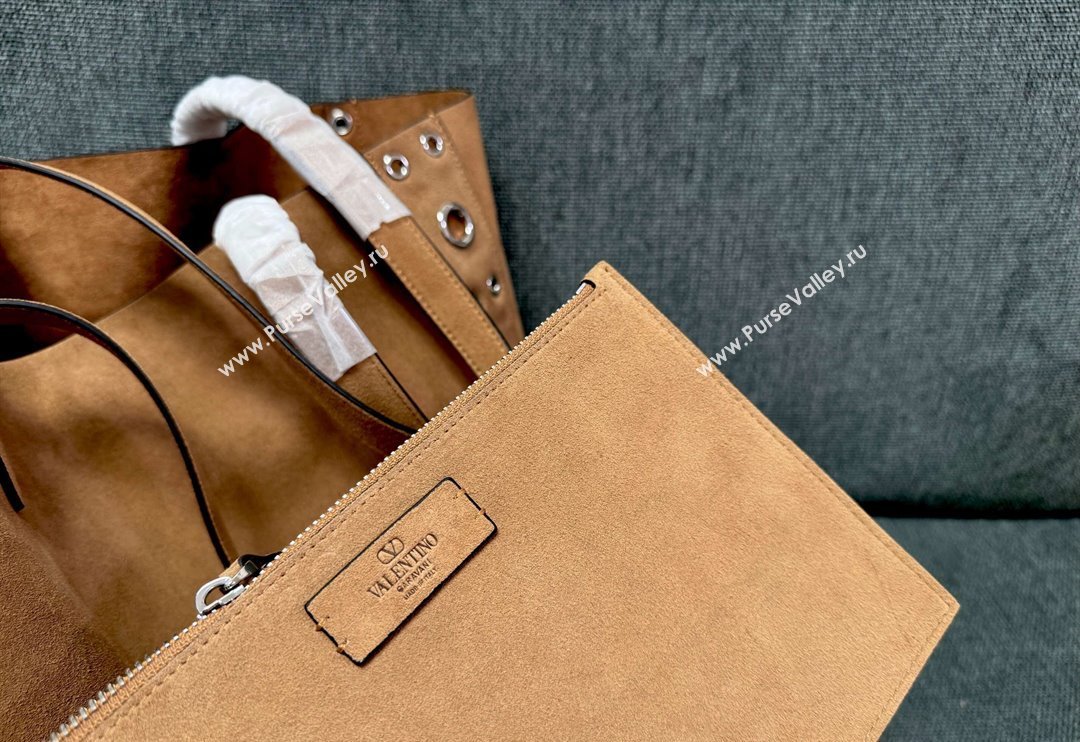 Valentino Medium Nellcôte Shopping Bag in Suede with Ball Studs Light Brown 2025 3177 (JD-250520069)